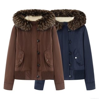 Women's Short Hooded Jacket With Large Faux Fur Collar Thick Fleece Lined Autumn Winter Padded Coat French Style Casual Outwear For Women