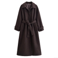 Women Long Wool Like Coat Elegant Solid Color Belted Single Breasted Overcoat For Winter Office Casual Celebrity Style Polyester Jacket Outerwear