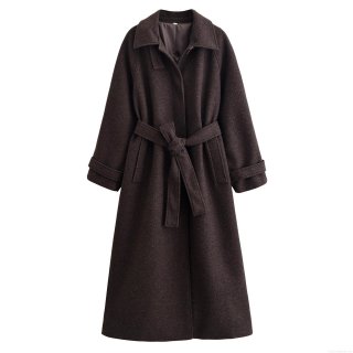Women Long Wool Like Coat Elegant Solid Color Belted Single Breasted Overcoat For Winter Office Casual Celebrity Style Polyester Jacket Outerwear