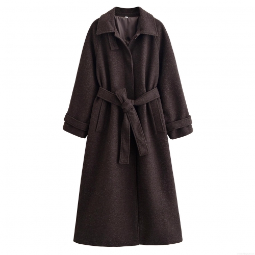 Women Long Wool Like Coat Elegant Solid Color Belted Single Breasted Overcoat For Winter Office Casual Celebrity Style Polyester Jacket Outerwear