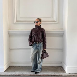 French Vintage Faux Leather Moto Jacket Women Stand Collar Zipper Short Coat Polyester Reddish Brown Autumn Streetwear Outerwear