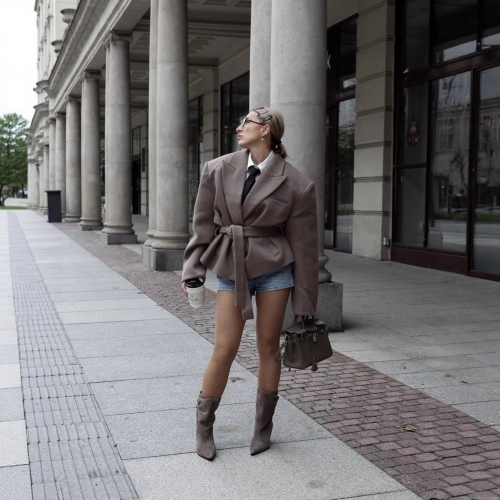 French Style Herringbone Texture Belted Blazer For Women Elegant Long Sleeve Loose Fit Jacket Suit Outerwear With Lapel Office Lady Casual Streetwear