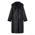 Women's Long Faux Leather Trench Coat With Black Sherpa Lining And Belt Fashion Warm PU Leather Overcoat For Winter Streetwear