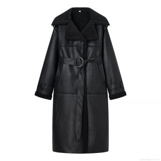 Women's Long Faux Leather Trench Coat With Black Sherpa Lining And Belt Fashion Warm PU Leather Overcoat For Winter Streetwear