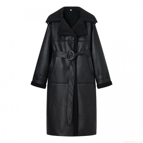 Women's Long Faux Leather Trench Coat With Black Sherpa Lining And Belt Fashion Warm PU Leather Overcoat For Winter Streetwear