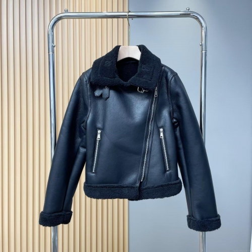 Women's Faux Leather Shearling Jacket Warm Fleece Lined Moto Coat Lapel Zipper Short Outerwear For Winter Fall Ladies Casual Fashion Black