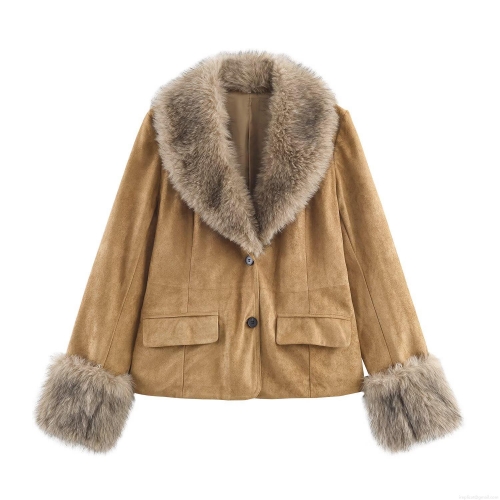 Women's French Style Elegant Faux Suede Jacket with Faux Fur Trim Autumn Winter Short Casual Outerwear Solid Color Single Breasted Coat