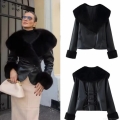 Luxury Women's Faux Leather Jacket With Large Faux Fur Collar Patchwork Long Sleeve Short Coat With Lace Up Back For Winter Party Casual
