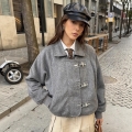 Women's Vintage Grey Woolen Feel Jacket With Metal Buckles Lapel Long Sleeve Loose Fit Casual Outerwear Streetwear Fashion Coat For Women