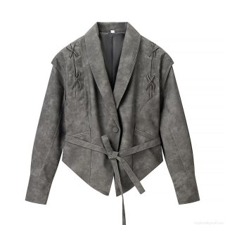 Women's Vintage Grey Faux Suede Leather Jacket Lapel Long Sleeve Coat With Shoulder Lace-up Decoration And Waist Belt Solid Color Casual Outerwear