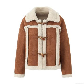 Women's Retro Faux Suede Lamb Wool Jacket Contrast Trim Toggle Button Warm Winter Casual Outerwear Coat