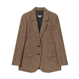 French Retro Herringbone Tweed Blazer Jacket For Women Mid-Length Woolen Blend Suit Coat With Pockets Single Breasted Outerwear Office Lady Elegant Camel Jacket