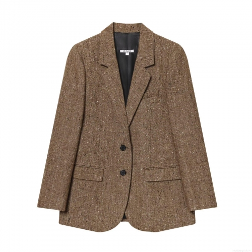 French Retro Herringbone Tweed Blazer Jacket For Women Mid-Length Woolen Blend Suit Coat With Pockets Single Breasted Outerwear Office Lady Elegant Camel Jacket