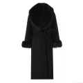 Women's Long Woolen Coat With Black Faux Fur Collar And Cuffs Elegant Tie-Waist Winter Overcoat Warm Polyester Outerwear For Women