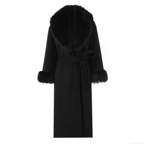 Women's Long Woolen Coat With Black Faux Fur Collar And Cuffs Elegant Tie-Waist Winter Overcoat Warm Polyester Outerwear For Women