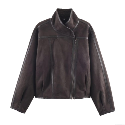 Women's Retro Suede Jacket With Lamb Wool Lining And Leather Piping Trim Loose Fit Zip Up Long Sleeve Warm Winter Casual Outerwear Coat For Women