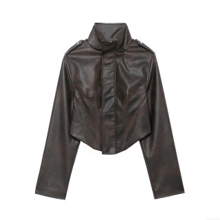 Women's Vintage PU Faux Leather Jacket Standing Collar Zipper Cropped Moto Biker Coat With Shoulder Straps Brown Casual Autumn Outerwear For Women