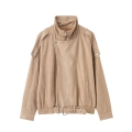 Women's Vintage French Fashion Faux Suede Jacket With Stand Collar Zipper And Belt Khaki Long Sleeve Short Motor Style Outwear For Women