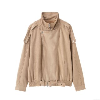 Women's Vintage French Fashion Faux Suede Jacket With Stand Collar Zipper And Belt Khaki Long Sleeve Short Motor Style Outwear For Women