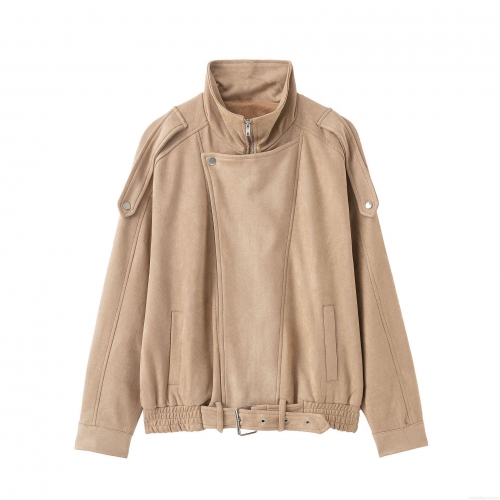 Women's Vintage French Fashion Faux Suede Jacket With Stand Collar Zipper And Belt Khaki Long Sleeve Short Motor Style Outwear For Women