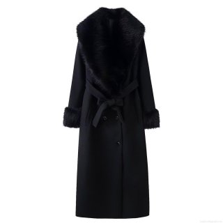 Women's Elegant Black Long Faux Suede Coat With Faux Fur Collar And Cuffs Double Breasted Belted Trench Coat Sophisticated Winter Outwear For Women