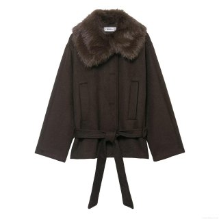 Women's Faux Fur Collar Short Jacket Winter Warm Polyester Woolen Effect Coat With Belt Elegant Solid Color Outerwear For Ladies Office Daily Wear