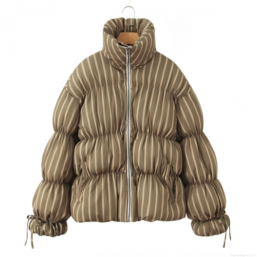 Women's Fashion Striped Cotton Padded Jacket Stand Collar Windproof Warm Puffer Coat Loose Casual Retro Ethnic Style Winter Outerwear For Ladies
