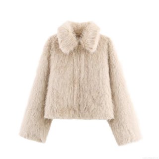 Women's Fashion Faux Fur Jacket Short Coat Solid Color Long Sleeve Lapel Zip Up Outerwear For Autumn Winter Ladies Casual Warm Chic