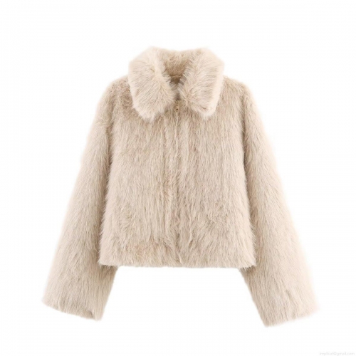 Women's Fashion Faux Fur Jacket Short Coat Solid Color Long Sleeve Lapel Zip Up Outerwear For Autumn Winter Ladies Casual Warm Chic