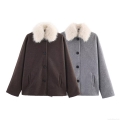 Women's Fashion Faux Fur Collar Woolen Short Jacket Polyester Solid Color Long Sleeve Single Breasted Coat Outerwear For Winter Spring Ladies