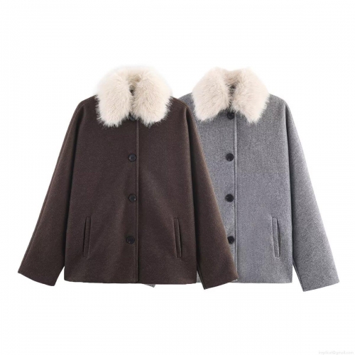 Women's Fashion Faux Fur Collar Woolen Short Jacket Polyester Solid Color Long Sleeve Single Breasted Coat Outerwear For Winter Spring Ladies