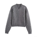 Women Elegant Grey Knit Jacket With Faux Pearl Beaded Decoration Long Sleeve Zipper Casual Loose Crew Neck Cardigan Outerwear For Streetwear