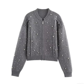 Women Elegant Grey Knit Jacket With Faux Pearl Beaded Decoration Long Sleeve Zipper Casual Loose Crew Neck Cardigan Outerwear For Streetwear