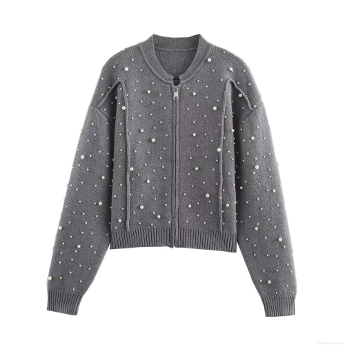 Women Elegant Grey Knit Jacket With Faux Pearl Beaded Decoration Long Sleeve Zipper Casual Loose Crew Neck Cardigan Outerwear For Streetwear