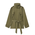 Women's Short Trench Coat Army Green Cotton Canvas Blend Stand Collar Belted Windbreaker Jacket For Women Daily Casual Elegant Fashion Outerwear