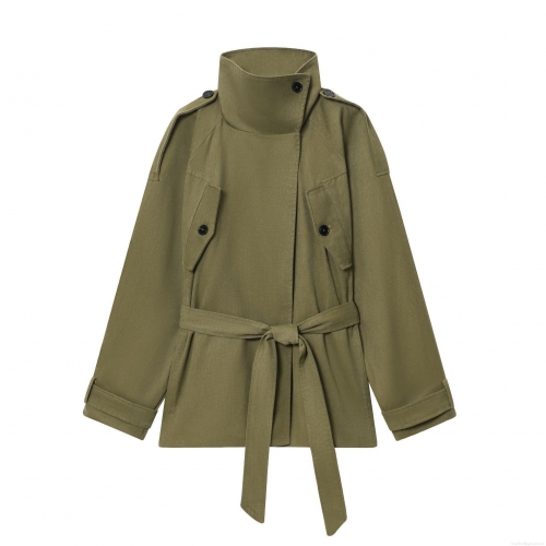 Women's Short Trench Coat Army Green Cotton Canvas Blend Stand Collar Belted Windbreaker Jacket For Women Daily Casual Elegant Fashion Outerwear