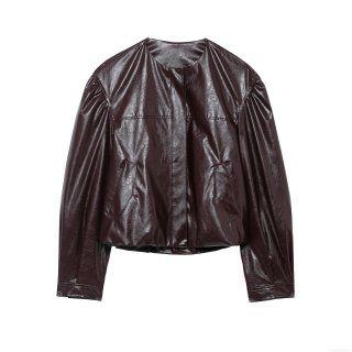 Women's Faux Leather Bomber Jacket Round Neck Long Sleeve Solid Color PU Leather Coat Western Streetwear Chic Outerwear For Women Wine Red