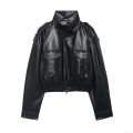 Women's Faux Leather Moto Jacket With Stand Collar Pockets Zipper Casual Cropped PU Biker Coat Streetwear Outwear