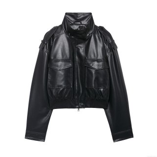 Women's Faux Leather Moto Jacket With Stand Collar Pockets Zipper Casual Cropped PU Biker Coat Streetwear Outwear
