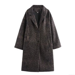 French Fashion Women Leopard Print Coat Polyester Blend Mid-length Lapel Single Breasted Autumn Winter Outerwear Jacket