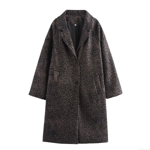 French Fashion Women Leopard Print Coat Polyester Blend Mid-length Lapel Single Breasted Autumn Winter Outerwear Jacket