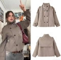 Women's Casual Stand Collar Double Breasted Short Woolen Jacket With Shoulder Tabs Loose Fit Polyester Outerwear Coat For Autumn Winter