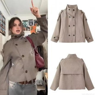 Women's Casual Stand Collar Double Breasted Short Woolen Jacket With Shoulder Tabs Loose Fit Polyester Outerwear Coat For Autumn Winter