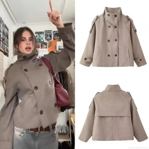 Women's Casual Stand Collar Double Breasted Short Woolen Jacket With Shoulder Tabs Loose Fit Polyester Outerwear Coat For Autumn Winter