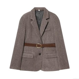 Women's French Vintage Herringbone Tweed Blazer with Belt Elegant Mid-Length Polyester Wool Blend Suit Jacket Office Lady Brown Outerwear