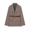 Vintage British Style Women Herringbone Wool Blend Tweed Blazer Coat With Belt Notched Lapel Single Breasted Casual Office Long Sleeve Outerwear Jackets