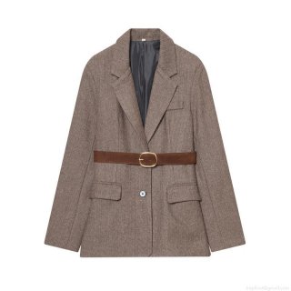 Vintage British Style Women Herringbone Wool Blend Tweed Blazer Coat With Belt Notched Lapel Single Breasted Casual Office Long Sleeve Outerwear Jackets