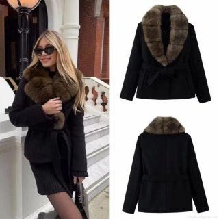 Women's Elegant Faux Fur Collar Suede Jacket Wool Blend Short Coat With Waist Tie Belt Street Fashion Lady Winter Outerwear