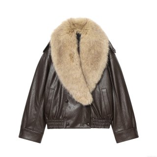 Women's Faux Leather Jacket With Detachable Faux Fur Collar Double Breasted Loose Fit Motorcycle Biker Coat Vintage Streetwear Dark Brown Winter Warm Outerwear