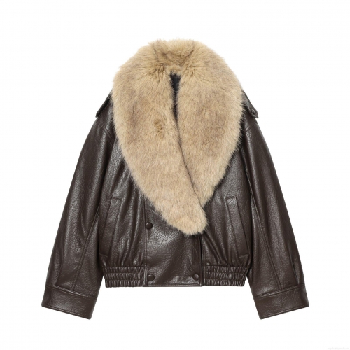Women's Faux Leather Jacket With Detachable Faux Fur Collar Double Breasted Loose Fit Motorcycle Biker Coat Vintage Streetwear Dark Brown Winter Warm Outerwear